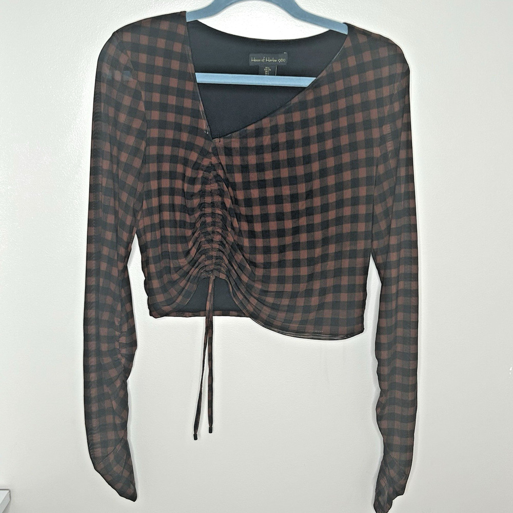 House Of Harlow Midi Skirt Blouse Outfit L Black Check Stretch Shirred 2 Piece - Picture 3 of 15